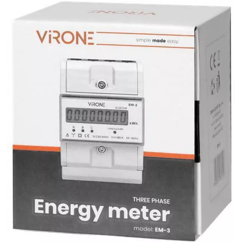 Virone EM-3 trojfázový elektromer, 80A, 3 moduly, DIN lišta TH-35mm