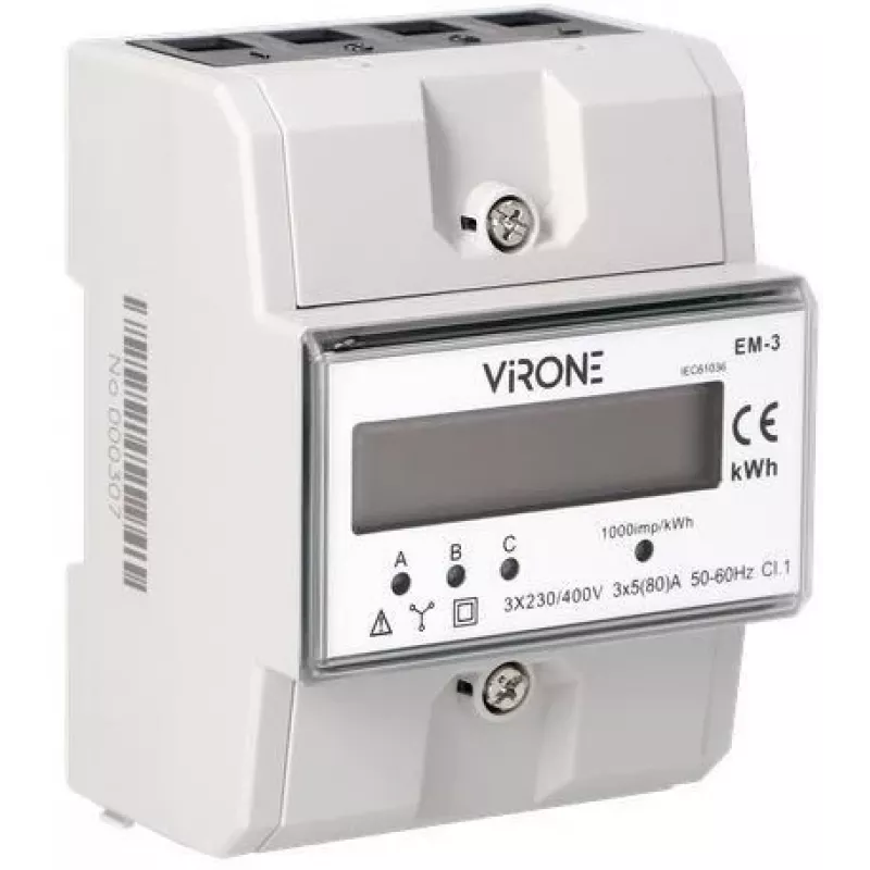 Virone EM-3 trojfázový elektromer, 80A, 3 moduly, DIN lišta TH-35mm
