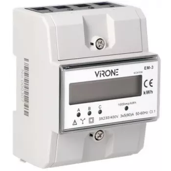 Virone EM-3 trojfázový elektromer, 80A, 3 moduly, DIN lišta TH-35mm