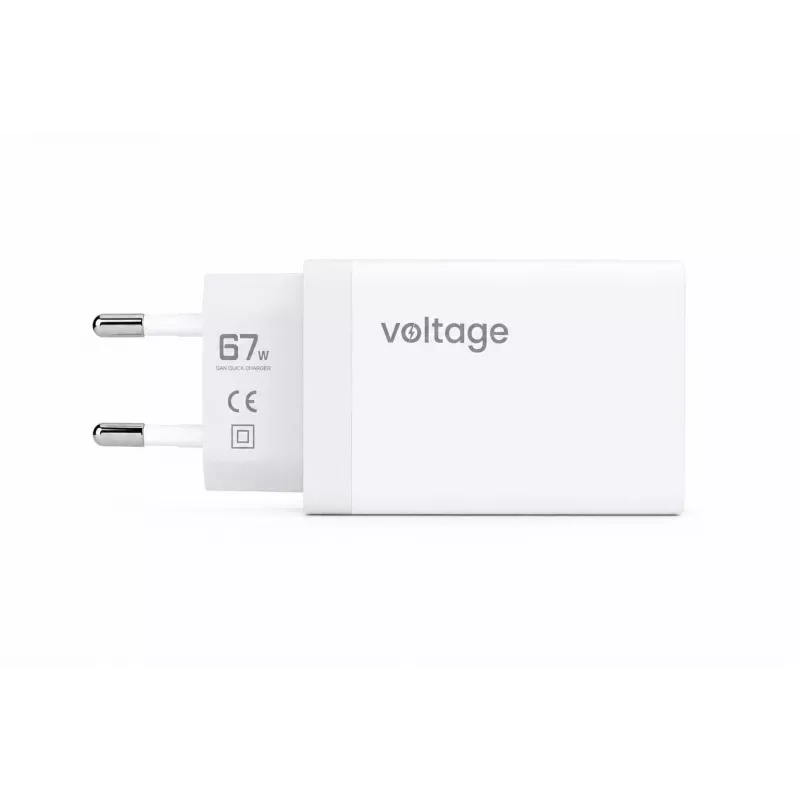 Voltage GaN 67W nástenná nabíjačka, 2x USB-C & 1x USB-A, PD 3.0, QC 3.0, PPS, EU konektor, biela