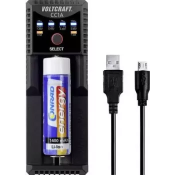 VOLTCRAFT CC1A univerzálna nabíjačka okrúhlych článkov pre NiMH, Li-Ion, LiFePO4, NiCd - 1 nabíjacie miesto, USB napájanie, podporuje AA, AAA, C, 10440, 14500, 16340