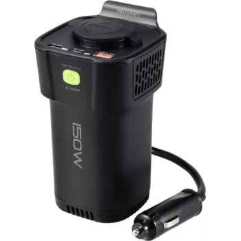 VOLTCRAFT MSW 150-12 menič do auta s držiakom na nápoje 150 W modifikovaná sínusovka 12 V DC na 230 V AC s USB