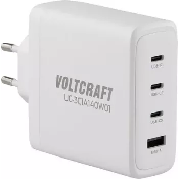 VOLTCRAFT UC-3C1A140W01 GaN USB nabíjačka 140W PD 3.1, 3x USB-C, 1x USB-A, biela