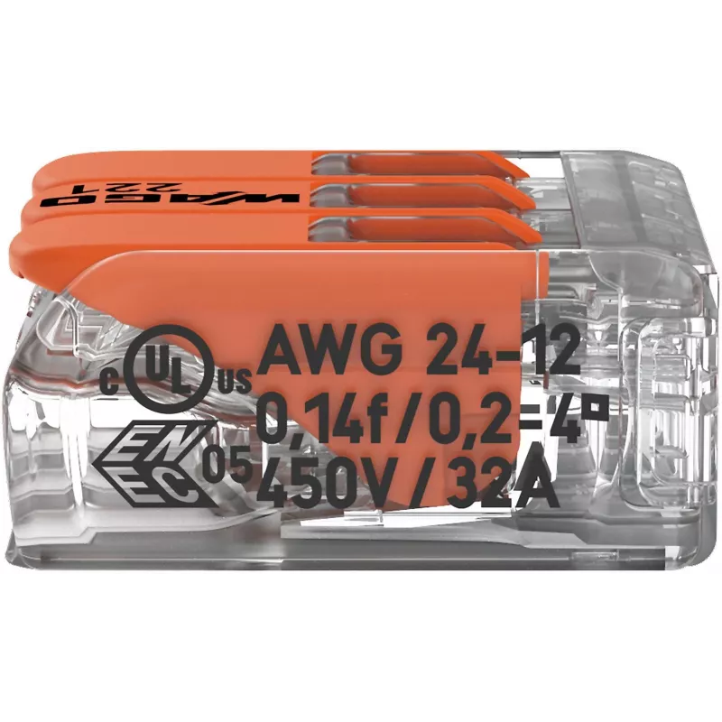 WAGO 221-413 COMPACT spojovacia svorka, 3-vodičová, 0,2–4 mm², transparentná, balenie 50 ks