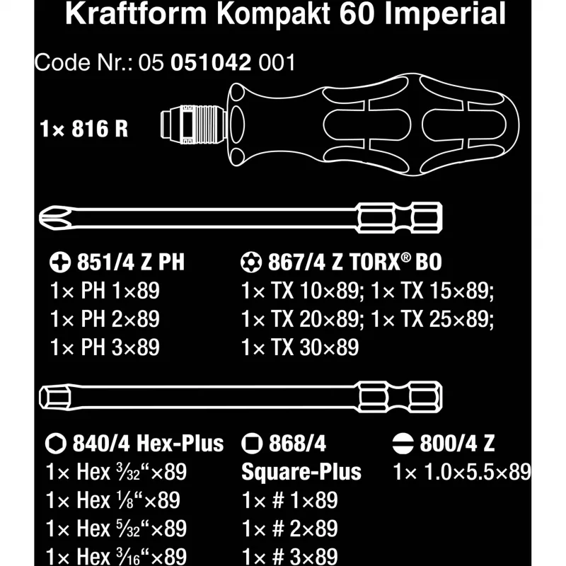 Wera 17-dielna sada bitov Kraftform Kompakt 60, plochý, Phillips, Pozidriv, TORX BO 05051042001