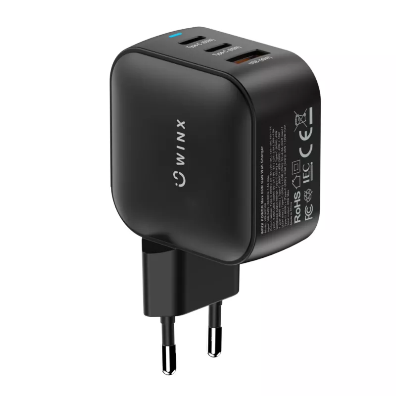 WINX POWER Max 65W GaN nástenná nabíjačka - 2x USB-C PD, 1x USB-A QC, čierna