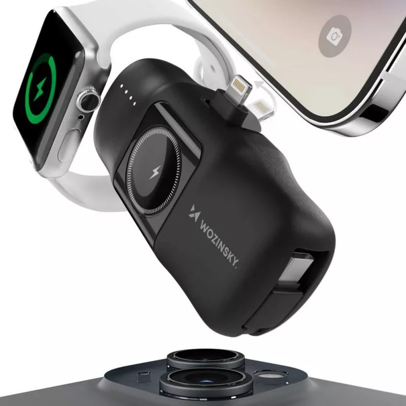 Wozinsky WF16-YLS mini power banka 5000mAh 15W s integrovaným USB-C káblom a nabíjačkou Apple Watch - čierna