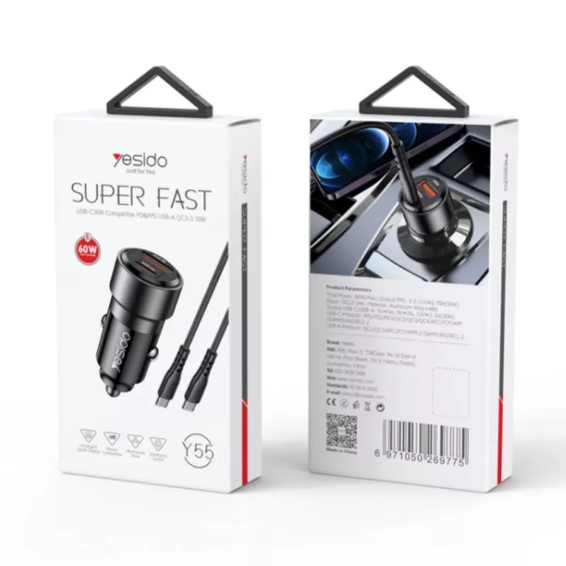 YESIDO Y55 60W rýchlonabíjacia auto nabíjačka s káblom USB-C na USB-C, čierna