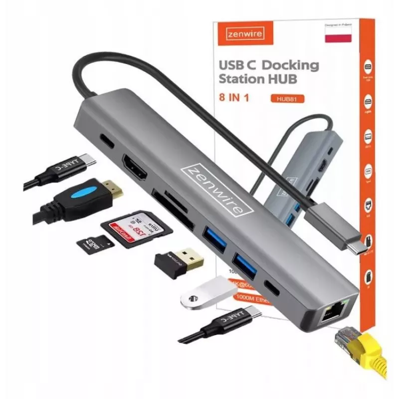 ZENWIRE HUB81 USB-C 8-in-1 multiport adaptér HDMI 2.0 4K 60 Hz Gigabit Ethernet 1000 Mbps