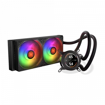240 mm AIO CPU kvapalinový chladič KRUX HydroGlance 240 ARGB LCD — 240 mm radiátor, ARGB osvetlenie, LCD displej