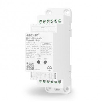 MiBoxer TZ5 5-in-1 LED ovládač pre DIN lištu, Zigbee 3.0 + RF, 12 A/kanál, 20 A celkovo