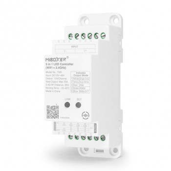 MiBoxer TW5 5-in-1 LED ovládač pre DIN lištu, WiFi + RF, 12 A/kanál, 20 A celkovo