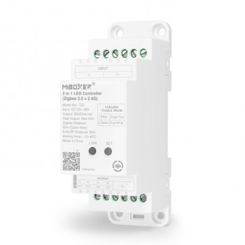 MiBoxer TZ2 2-in-1 LED ovládač pre DIN lištu, Zigbee 3.0 + RF, 12–48 V, 20 A celkom