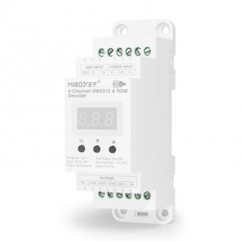 MiBoxer D4-T 4-kanálový DMX512/RDM-LED dekodér, DIN lišta, 12–48 V, 20 A